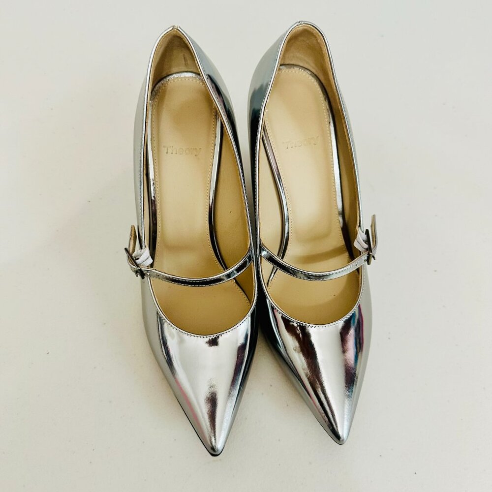 New Theory Metallic Silver Mirror Wedges Pointed Cap Toe Pumps Sandals Italy View 2